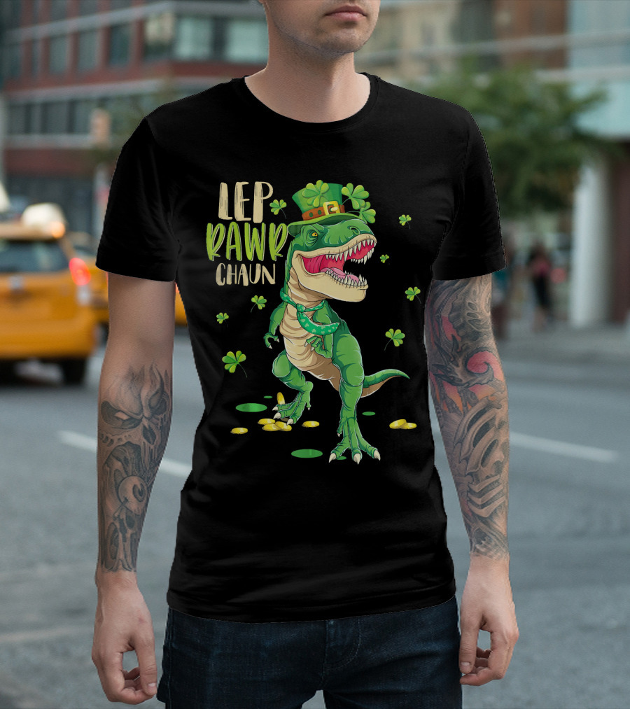 Leprawrchaun St. Patrick's Day Dinosaur with Shamrocks and Gold Coins T-Shirt