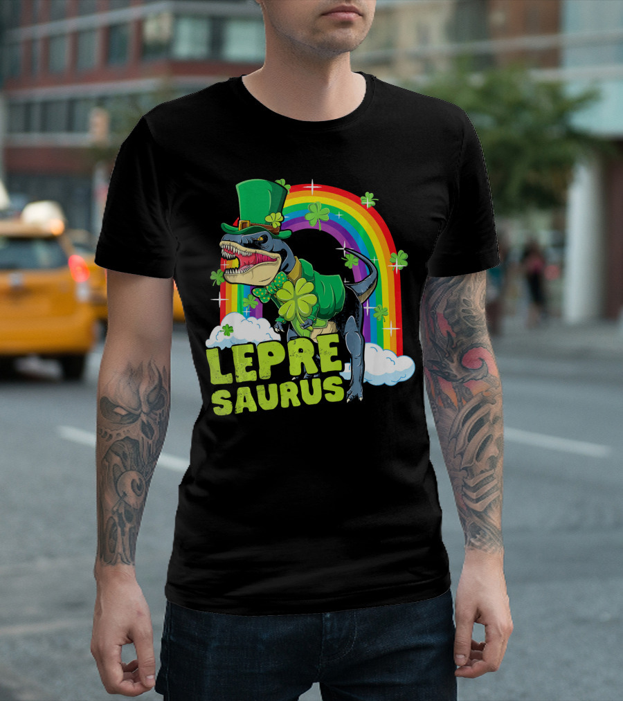 Lepresaurus Dinosaur with Shamrocks and Rainbow St Patrick's Day T-Shirt