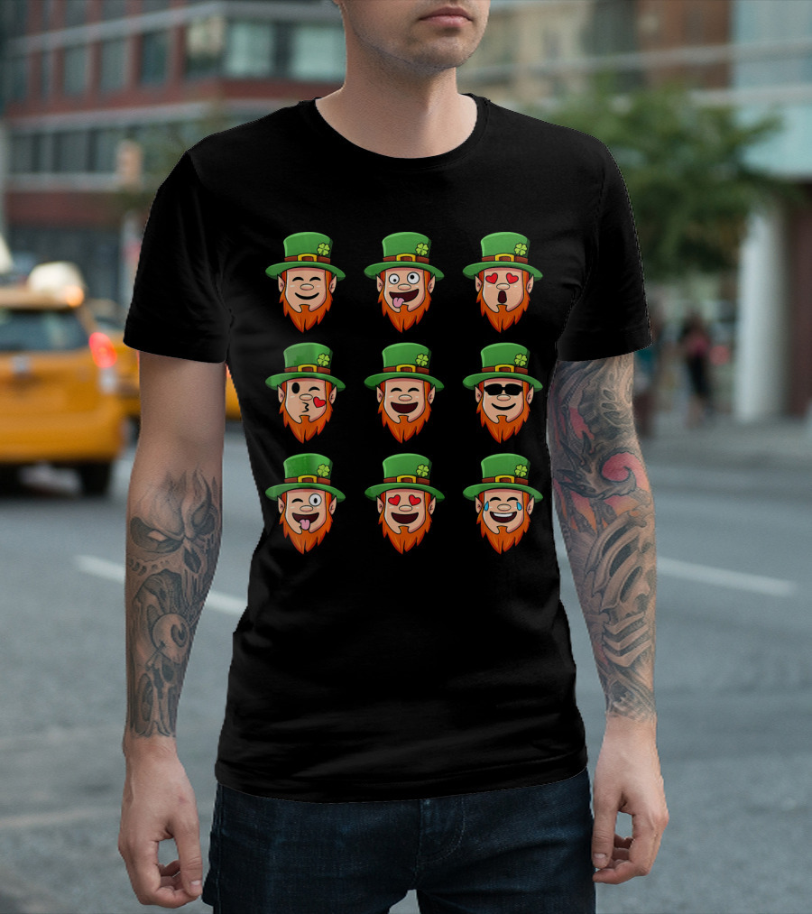 Leprechaun Emoji Faces with Various Expressions in Green Hat and Orange Beard T-Shirt