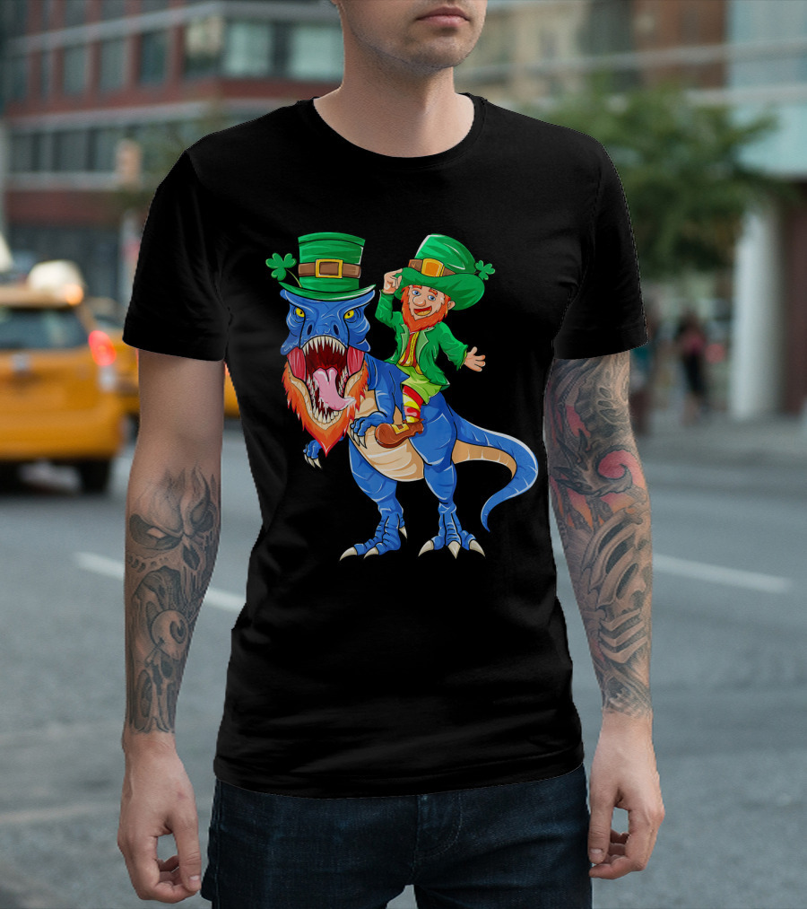 T Rex Dinosaur Ridden by Leprechaun St Patricks Day T-Shirt