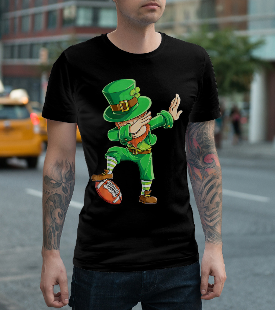Leprechaun Dabbing on Football with Green Hat and Orange Beard T-Shirt