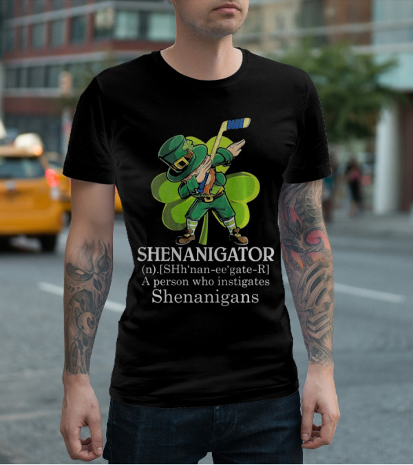 Shenanigator Dabbing Leprechaun Instigates Shenanigans Hockey Shamrock T-Shirt