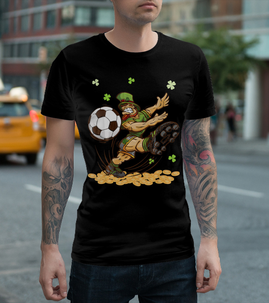 Leprechaun Playing Soccer Surrounded By Shamrocks And Gold Coins T-Shirt