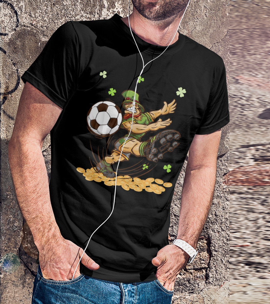 Leprechaun Playing Soccer Surrounded By Shamrocks And Gold Coins T-Shirt