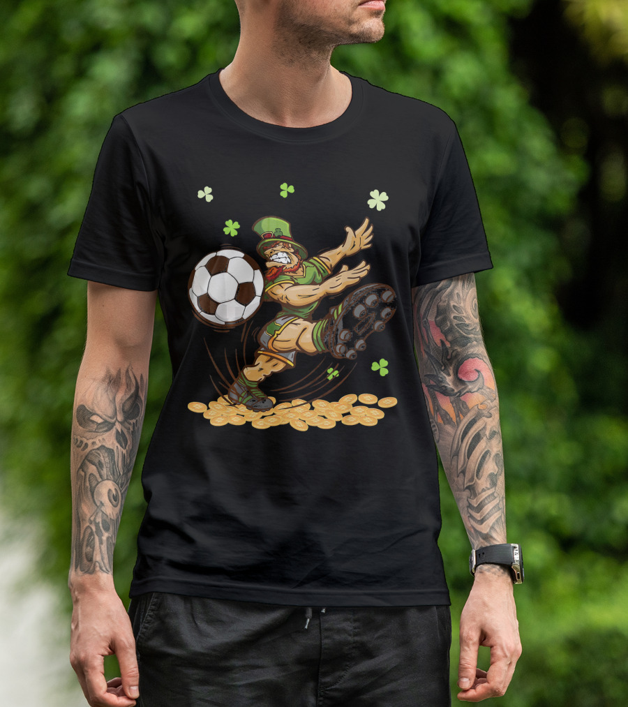 Leprechaun Playing Soccer Surrounded By Shamrocks And Gold Coins T-Shirt