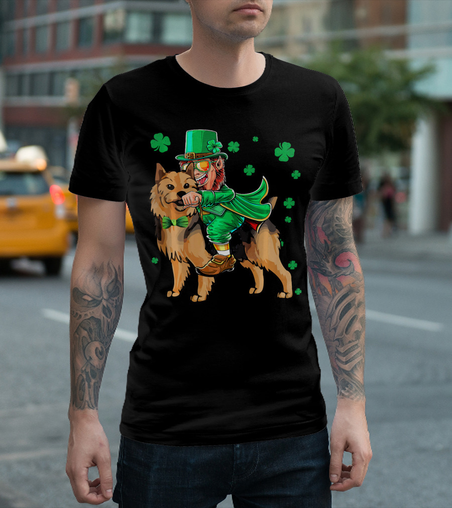 Leprechaun Riding Australian Terrier with Shamrocks T-Shirt