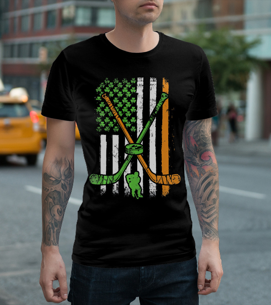 Irish American Flag Shamrock Hockey Sticks Player T-Shirt