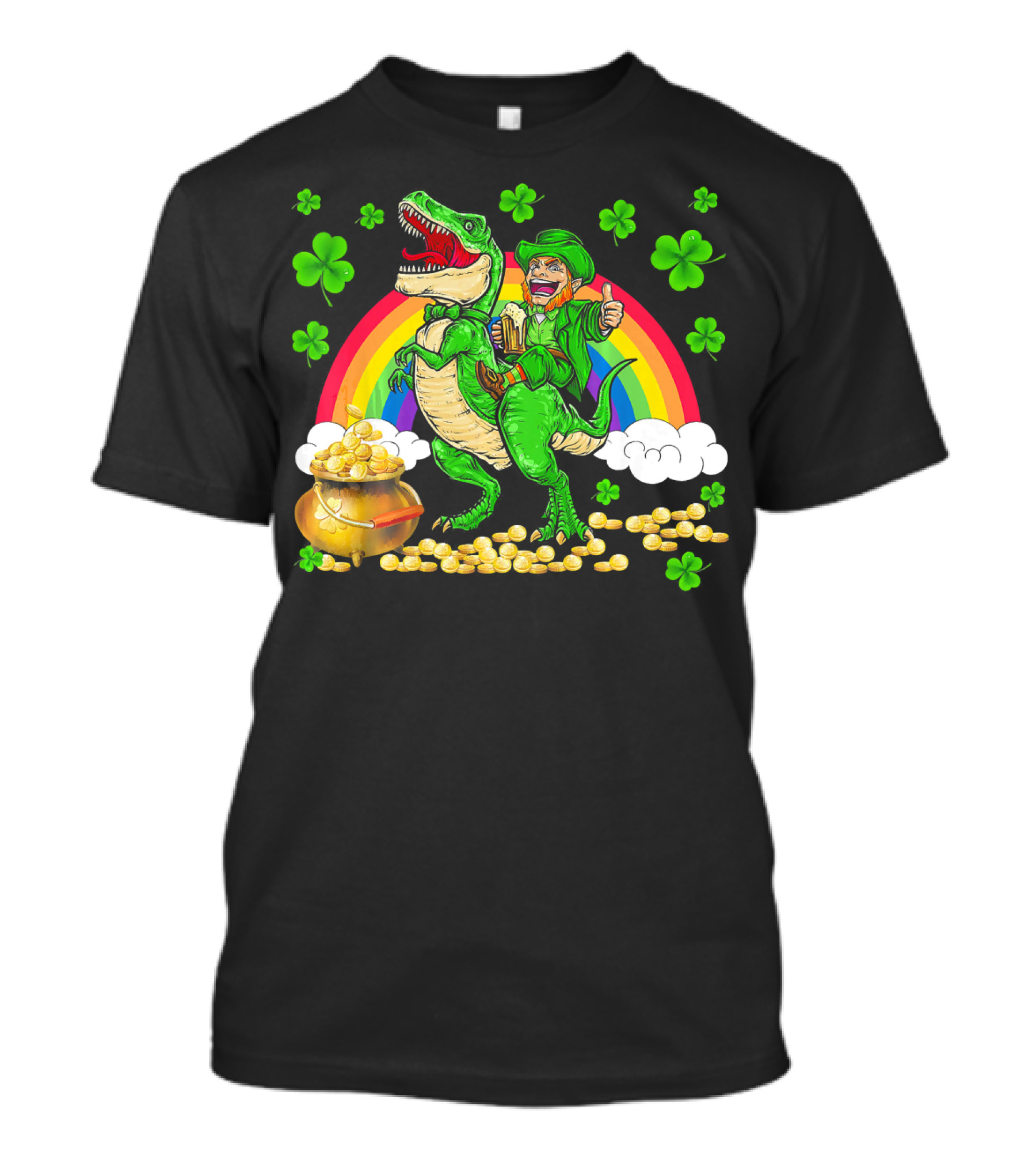 Leprechaun Riding Dinosaur With Rainbow And Pot Of Gold T-Shirt