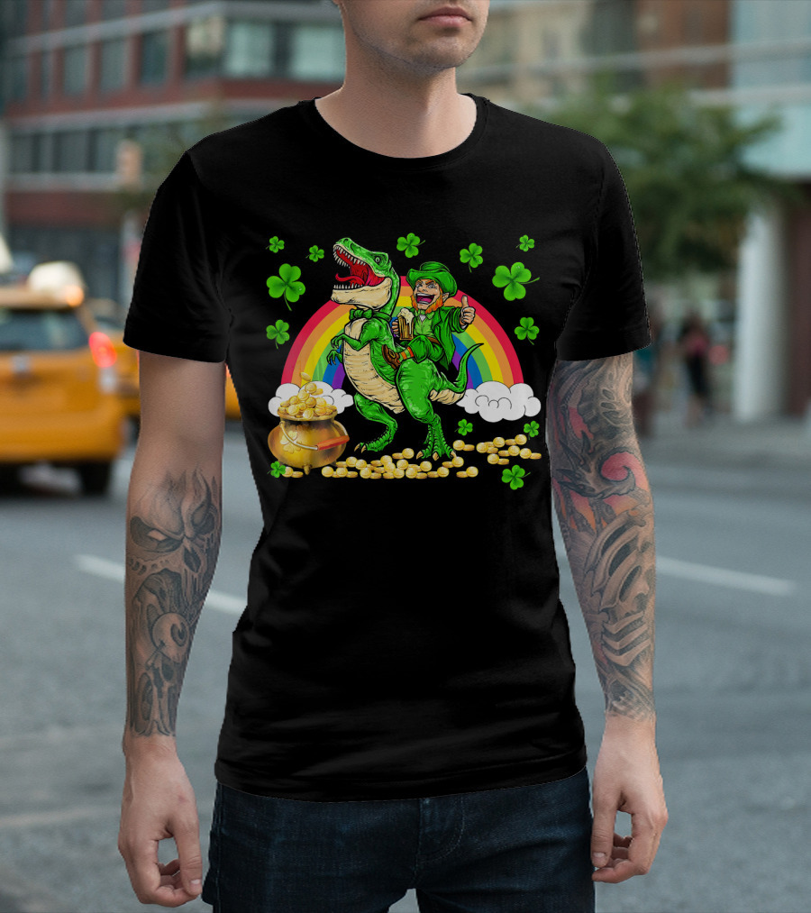Leprechaun Riding Dinosaur with Rainbow and Pot of Gold T-Shirt