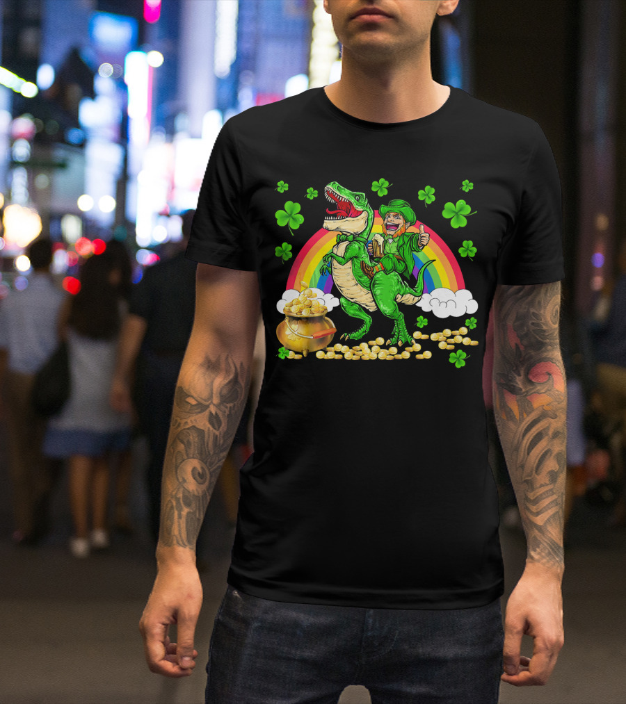 Leprechaun Riding Dinosaur With Rainbow And Pot Of Gold T-Shirt