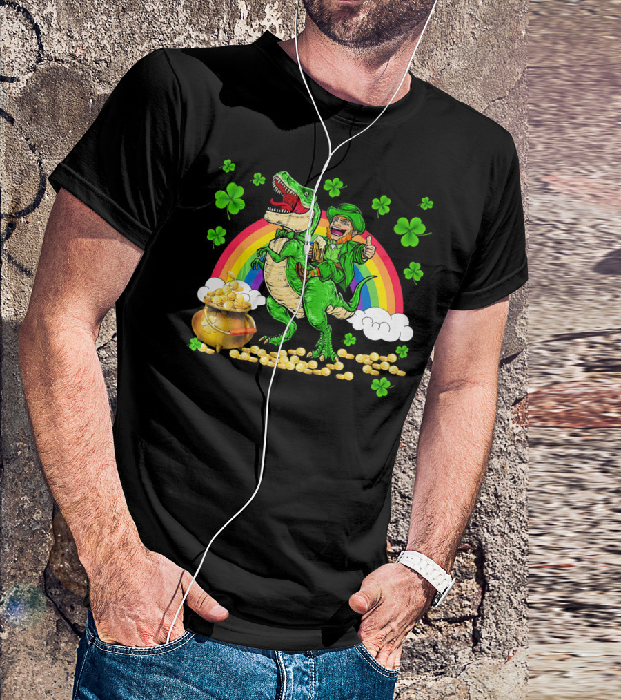 Leprechaun Riding Dinosaur With Rainbow And Pot Of Gold T-Shirt