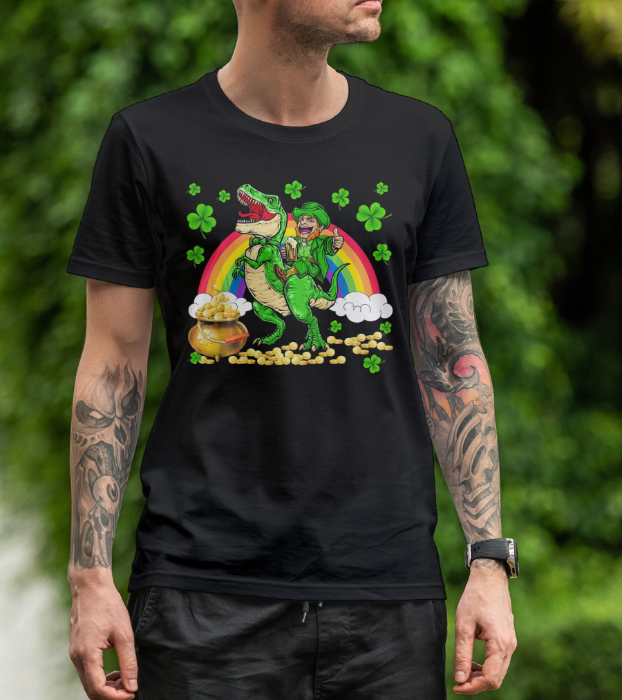 Leprechaun Riding Dinosaur With Rainbow And Pot Of Gold T-Shirt