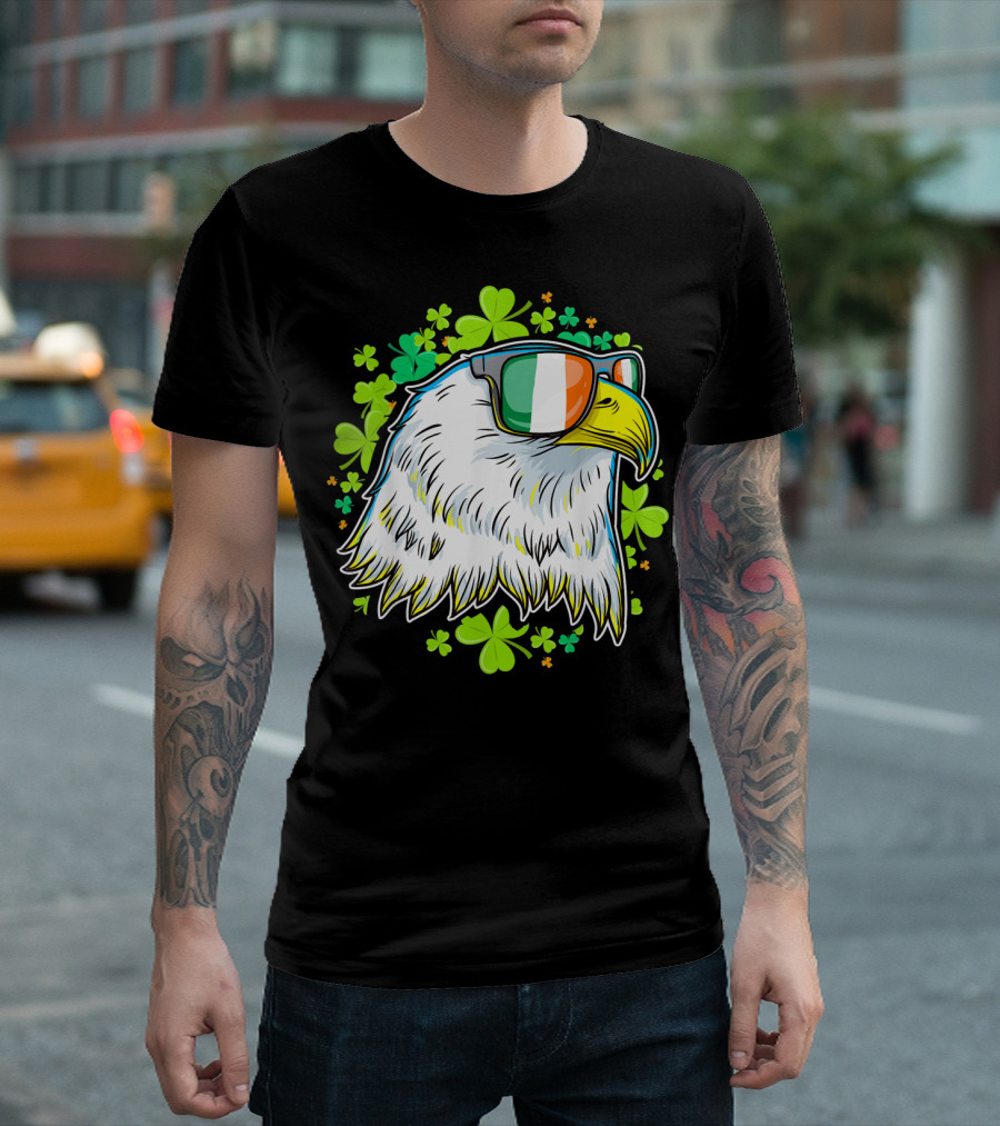 Mens Funny St Patricks Day Eagle Clover Sunglasses T-Shirt