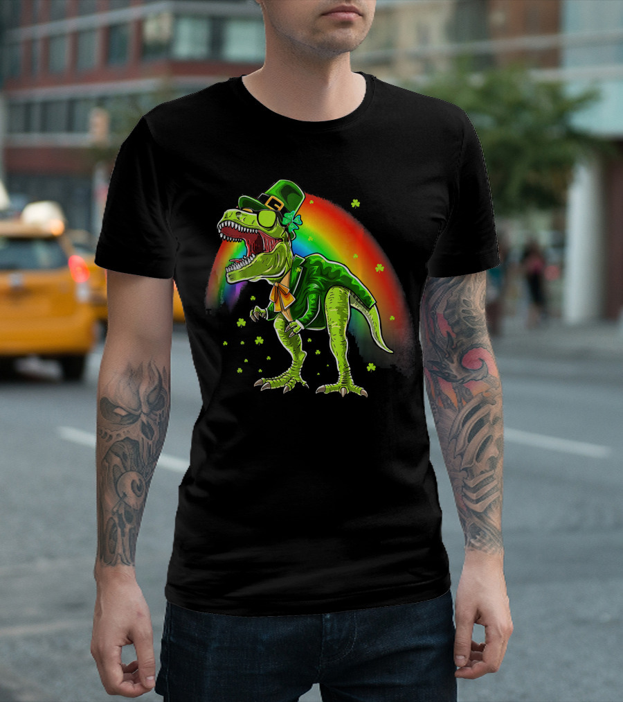 St. Patricks Day T-Rex Dinosaur Leprechaun with Rainbow and Shamrocks T-Shirt