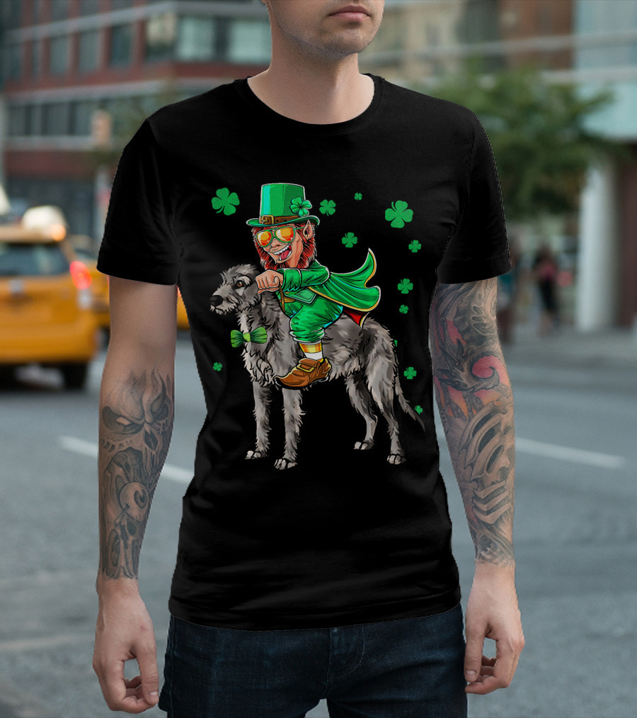 Leprechaun Riding Irish Wolfhound With Shamrock Symbols T-Shirt