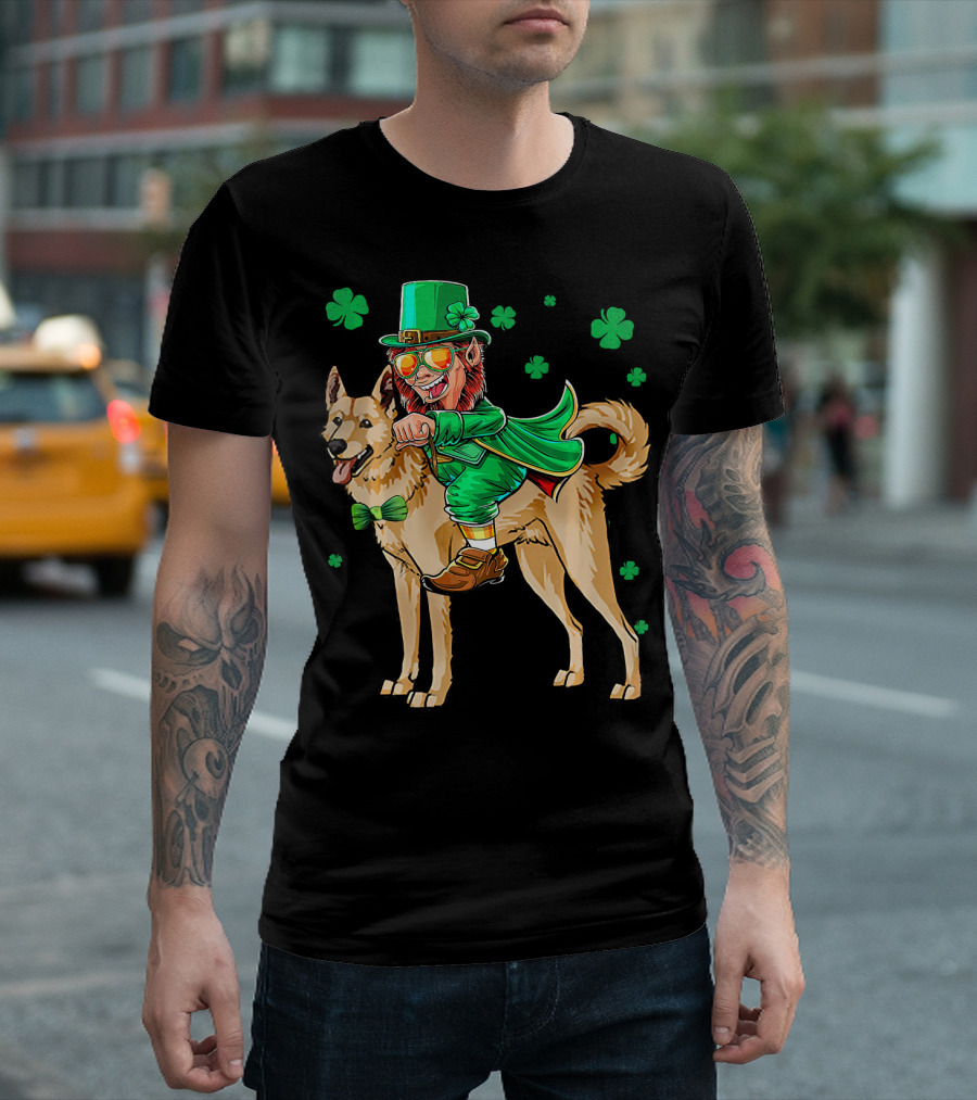 Leprechaun Riding Canaan Dog With Shamrock St. Patrick's Day T-Shirt