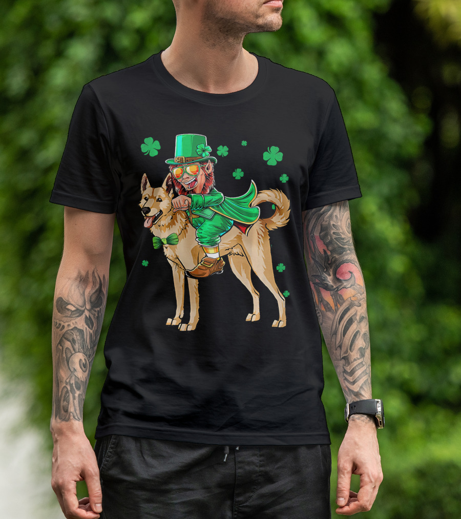 Leprechaun Riding Canaan Dog With Shamrock St. Patrick's Day T-Shirt