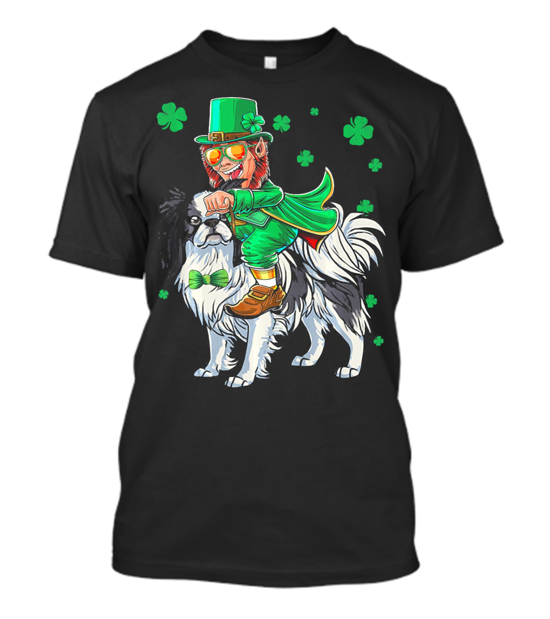 Leprechaun Riding Japanese Chin With Shamrock Clovers T-Shirt