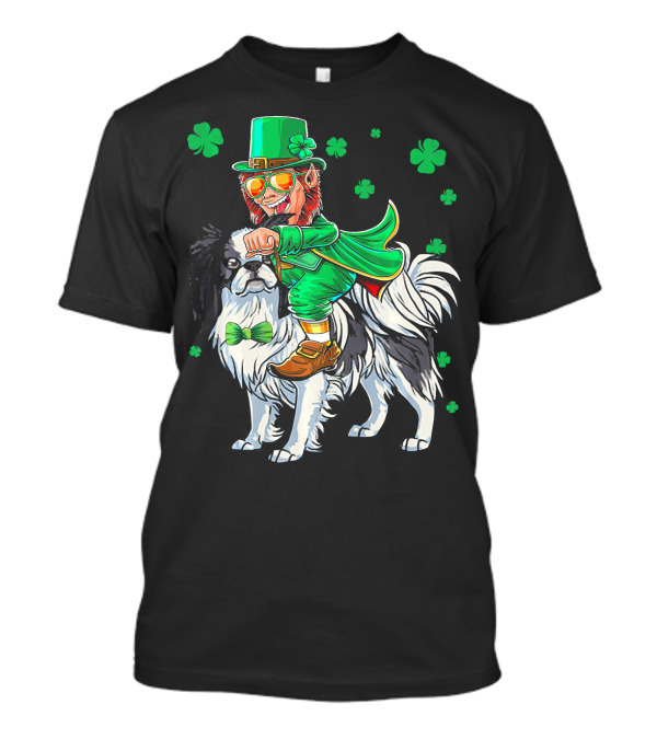 Leprechaun Riding Japanese Chin With Shamrock Clovers T-Shirt