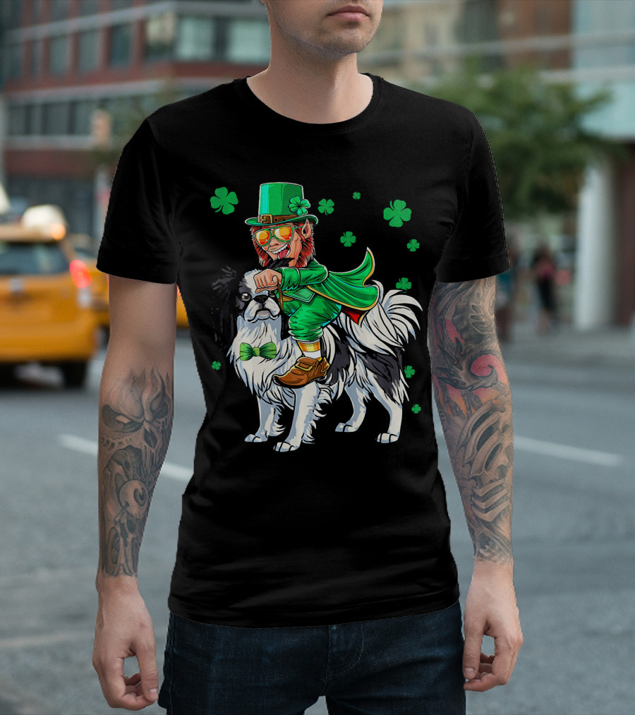 Leprechaun Riding Japanese Chin with Shamrock Clovers T-Shirt