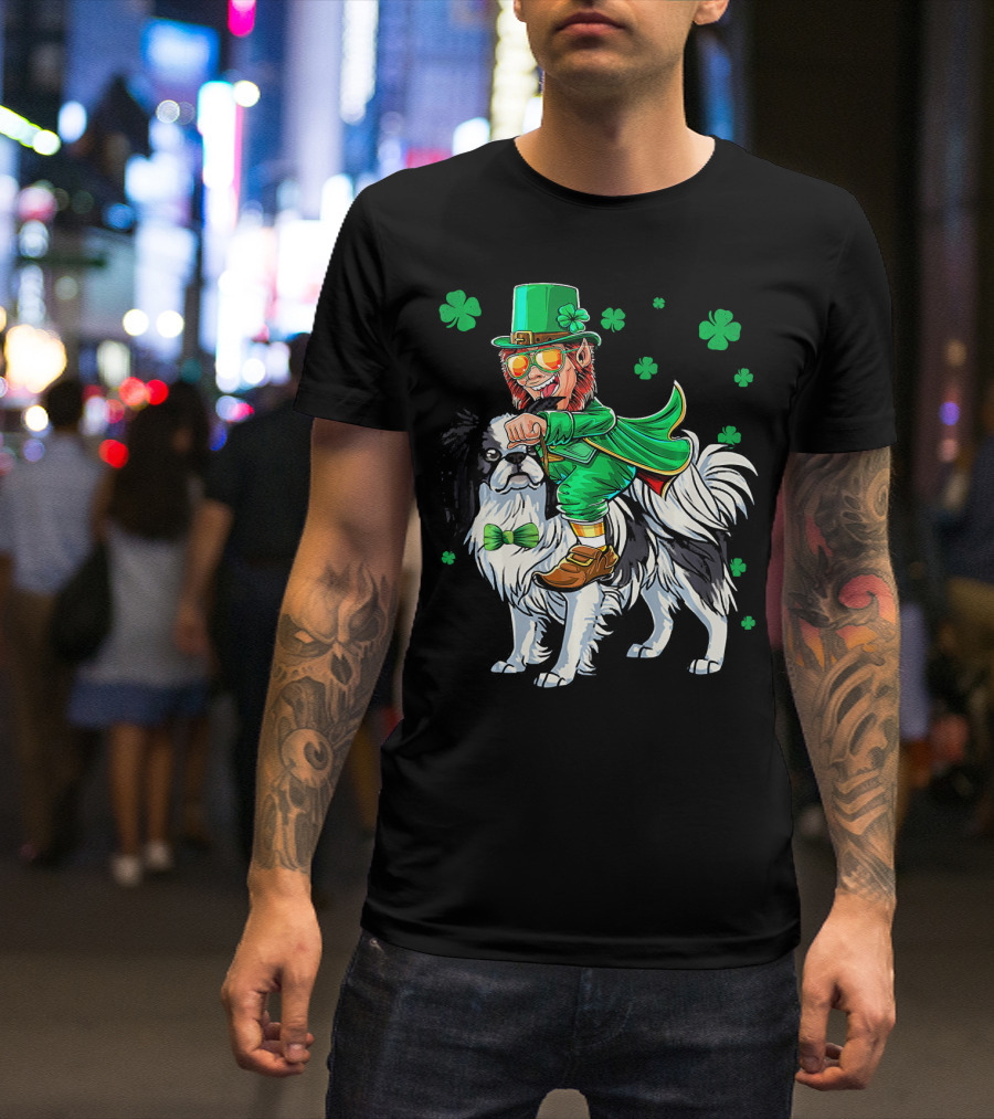 Leprechaun Riding Japanese Chin With Shamrock Clovers T-Shirt