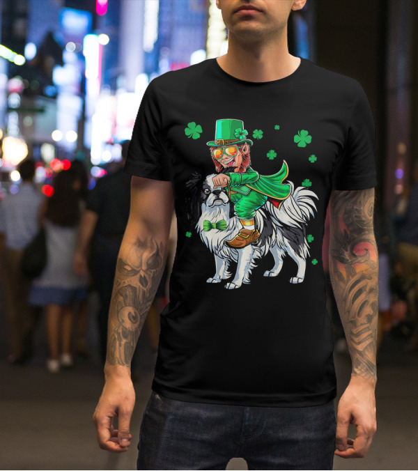 Leprechaun Riding Japanese Chin With Shamrock Clovers T-Shirt