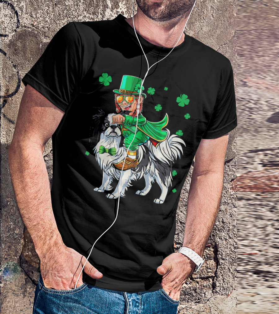 Leprechaun Riding Japanese Chin With Shamrock Clovers T-Shirt