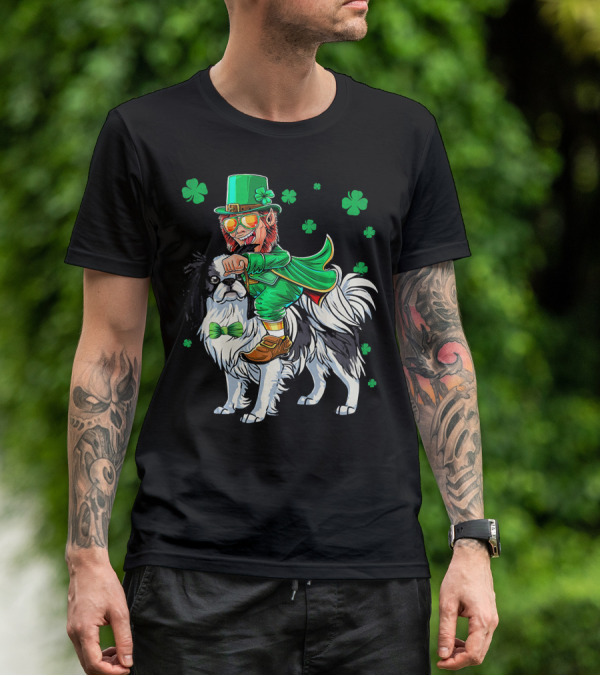Leprechaun Riding Japanese Chin With Shamrock Clovers T-Shirt