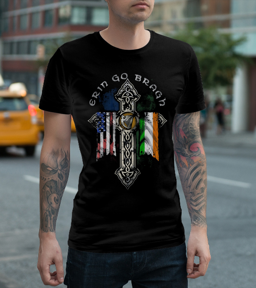 Erin Go Bragh American Irish Flags Celtic Cross T-Shirt