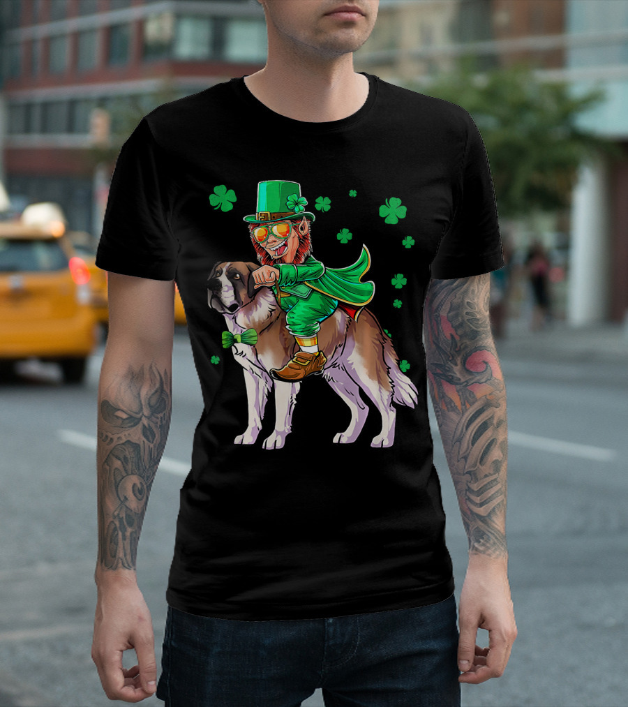 Leprechaun Riding Saint Bernard with Shamrocks T-Shirt