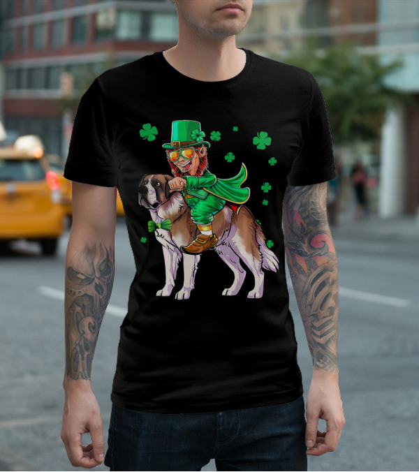 Leprechaun Riding Saint Bernard With Shamrocks T-Shirt