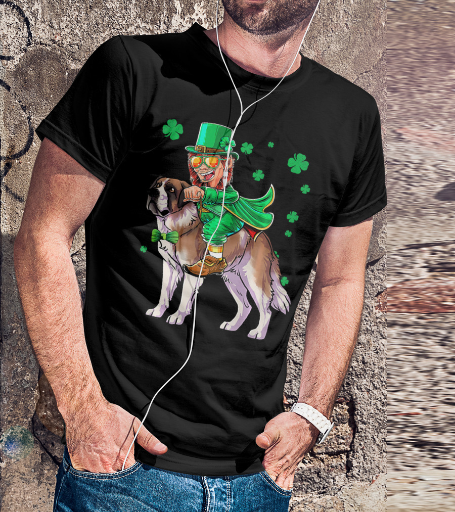Leprechaun Riding Saint Bernard With Shamrocks T-Shirt