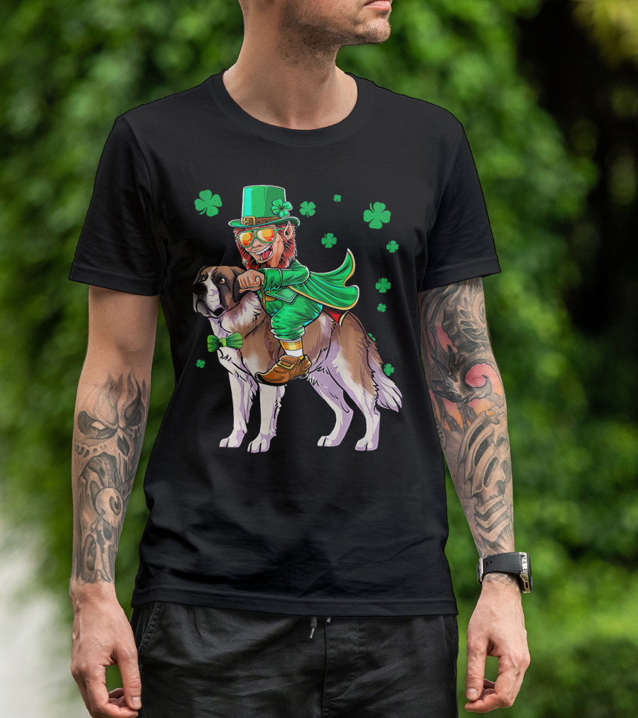 Leprechaun Riding Saint Bernard With Shamrocks T-Shirt