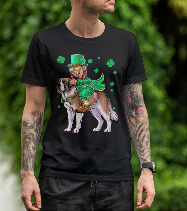 Leprechaun Riding Saint Bernard With Shamrocks T-Shirt
