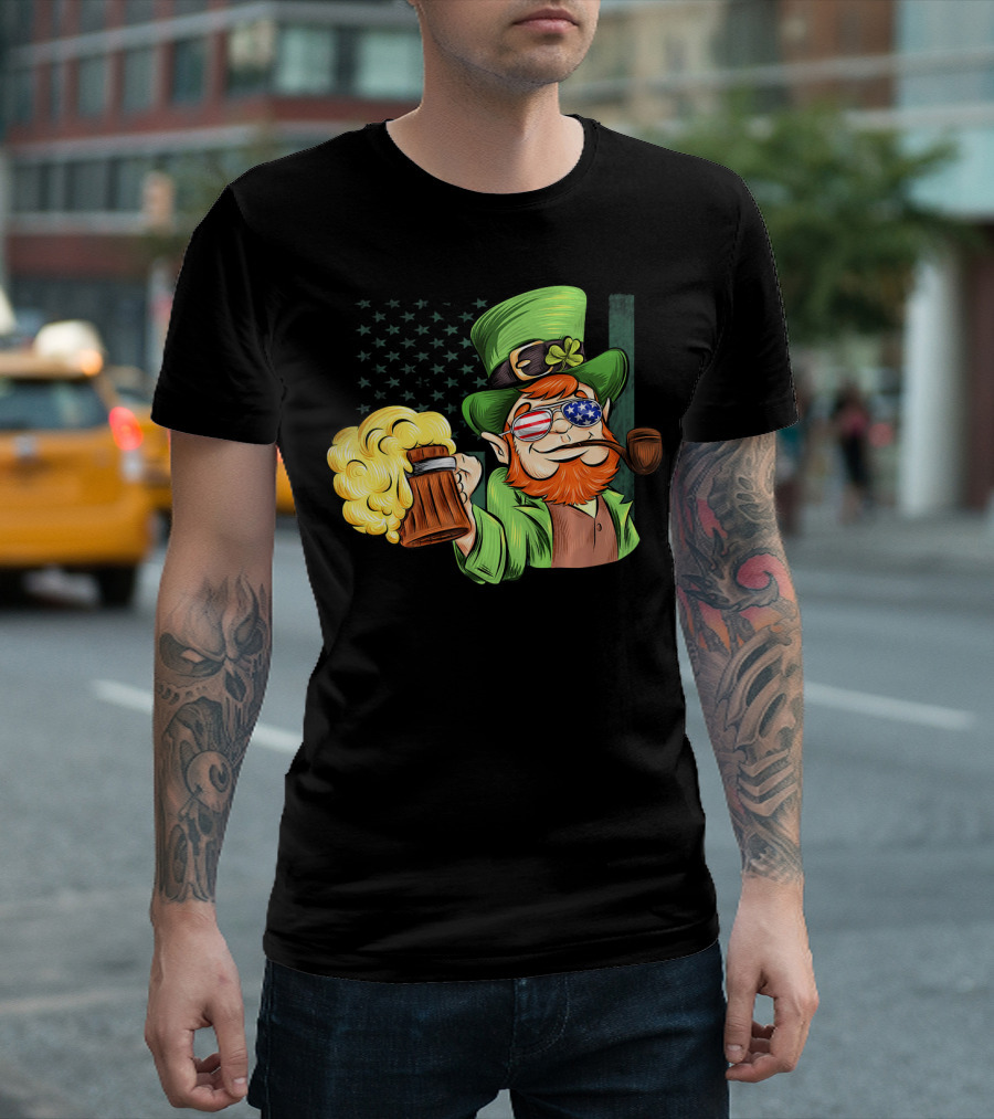 Funny Drunk Patriotic Leprechaun Beer Mug with Shamrock Hat and American Flag Sunglasses T-Shirt