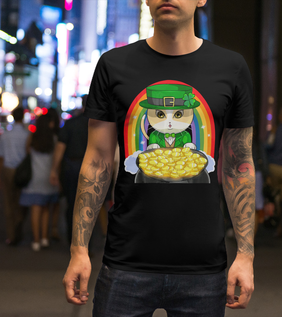 Exotic Cat Leprechaun Pot Of Gold Rainbow Happy St Patricks T-Shirt