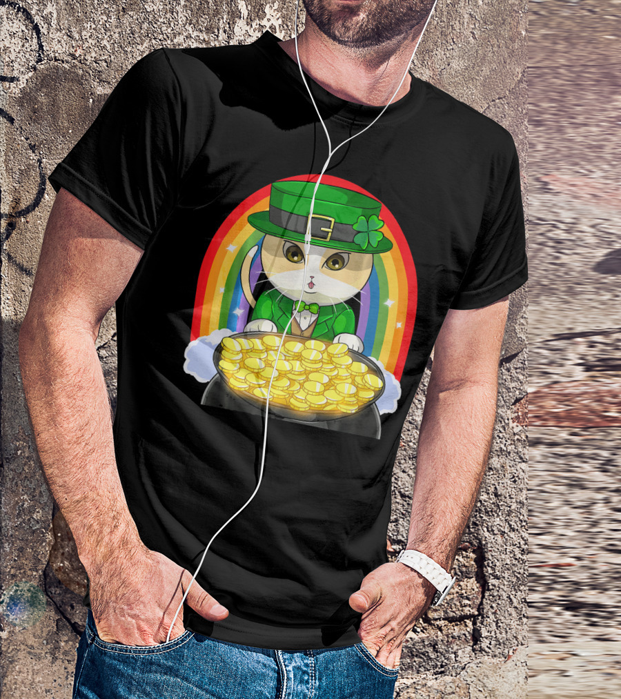 Exotic Cat Leprechaun Pot Of Gold Rainbow Happy St Patricks T-Shirt