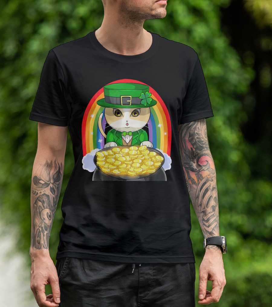 Exotic Cat Leprechaun Pot Of Gold Rainbow Happy St Patricks T-Shirt