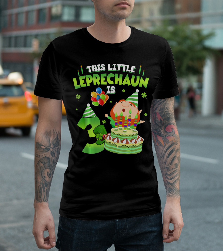 This Little Leprechaun Is 3 Birthday Celebration with Cake and Balloons T-Shirt