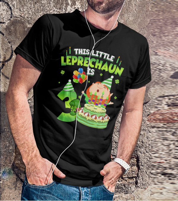 This Little Leprechaun Is 3 Birthday Celebration With Cake And Balloons T-Shirt