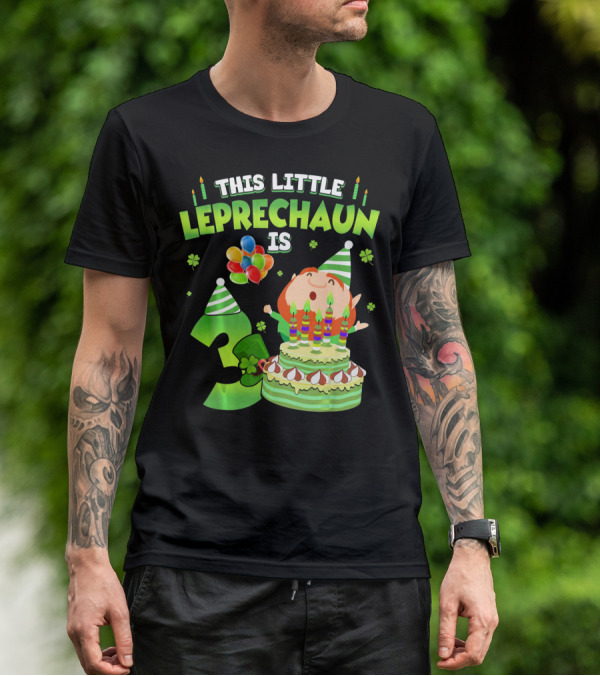 This Little Leprechaun Is 3 Birthday Celebration With Cake And Balloons T-Shirt
