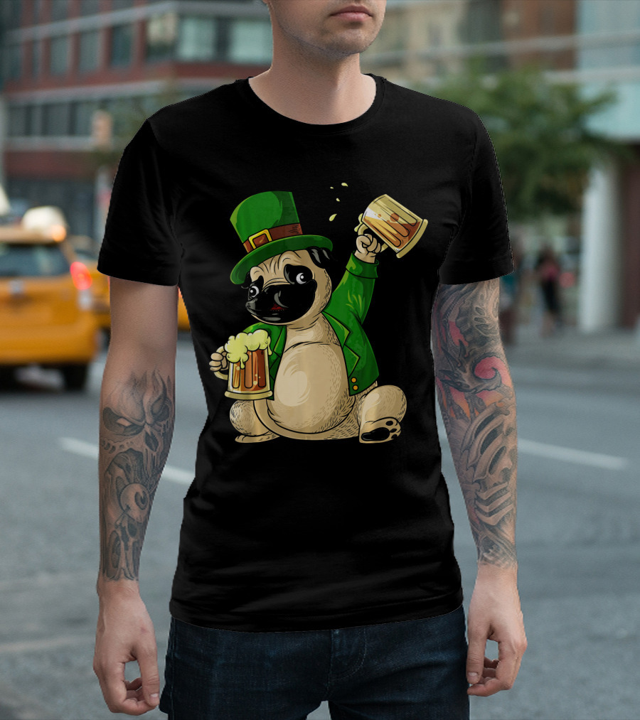 Irish Leprechaun Pug with Beer Mugs T-Shirt