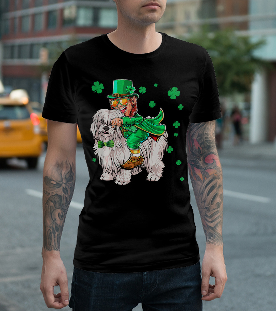Leprechaun Riding Coton De Tulear with Shamrocks T-Shirt
