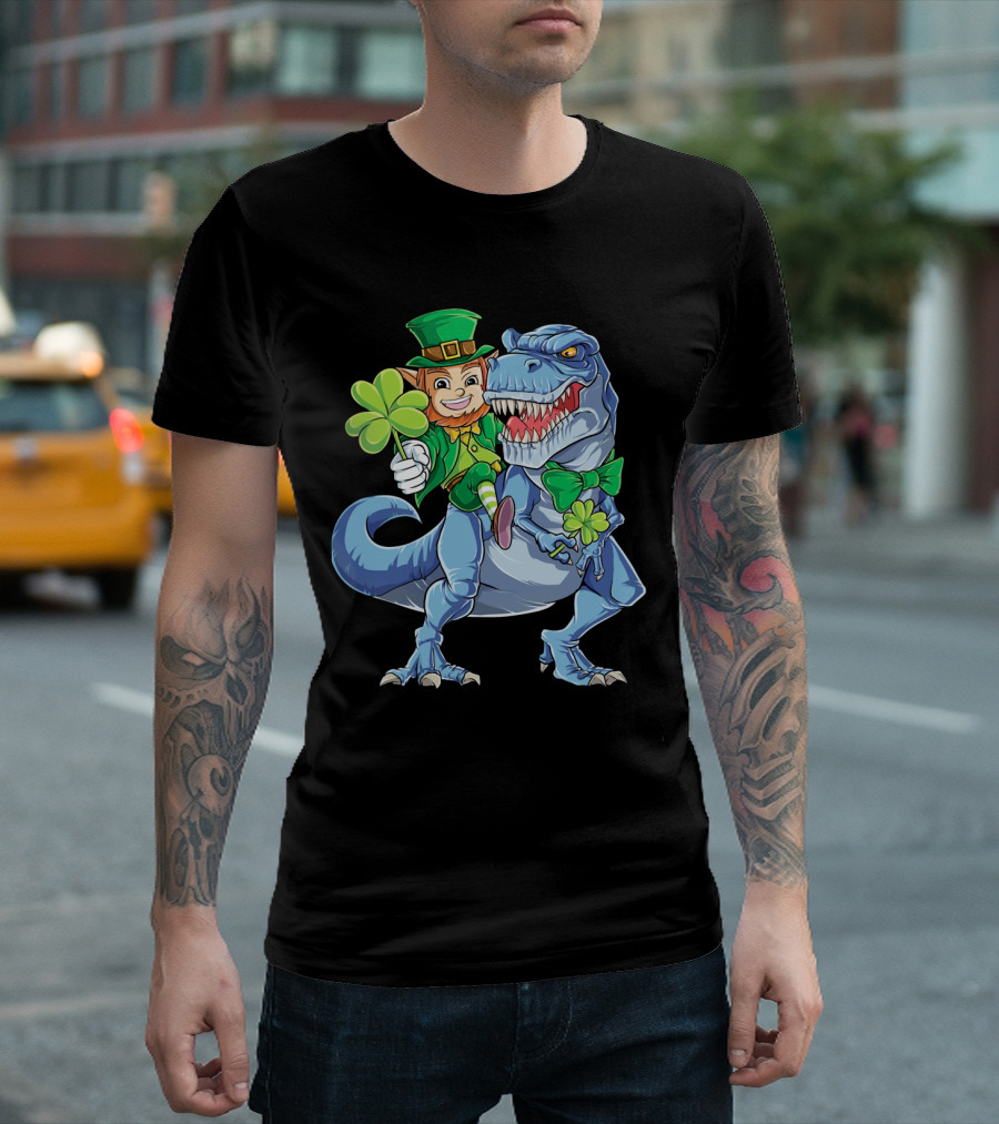 St Patricks Day Leprechaun Riding Dinosaur with Shamrock T-Shirt