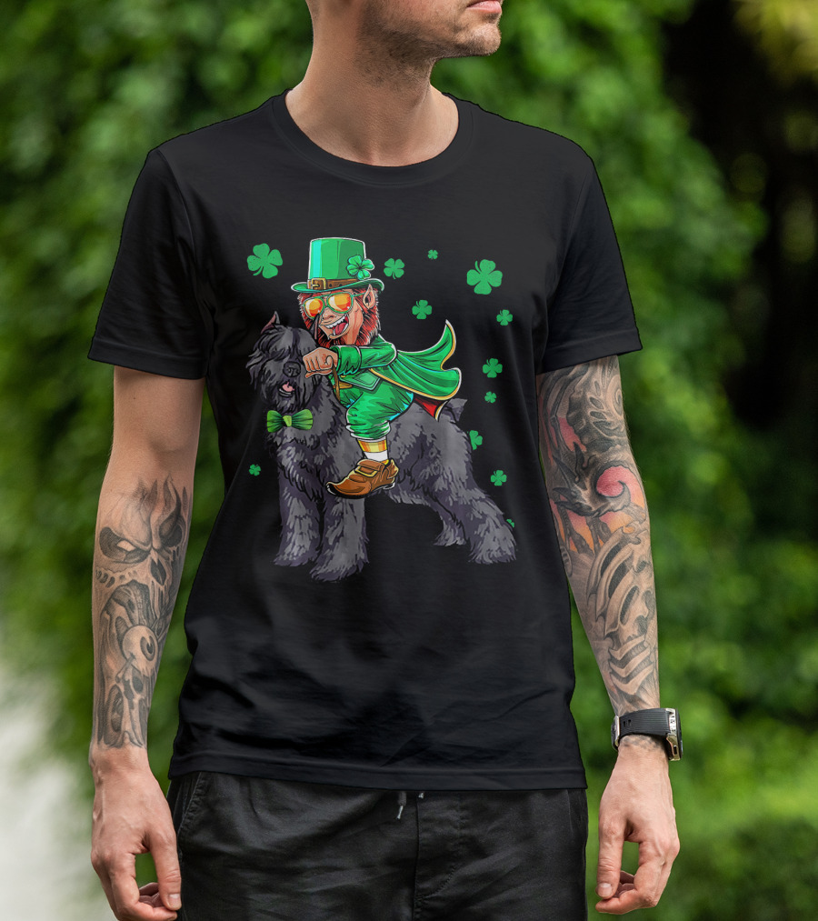 Leprechaun Riding Bouvier Des Flandres Surrounded By Shamrocks T-Shirt