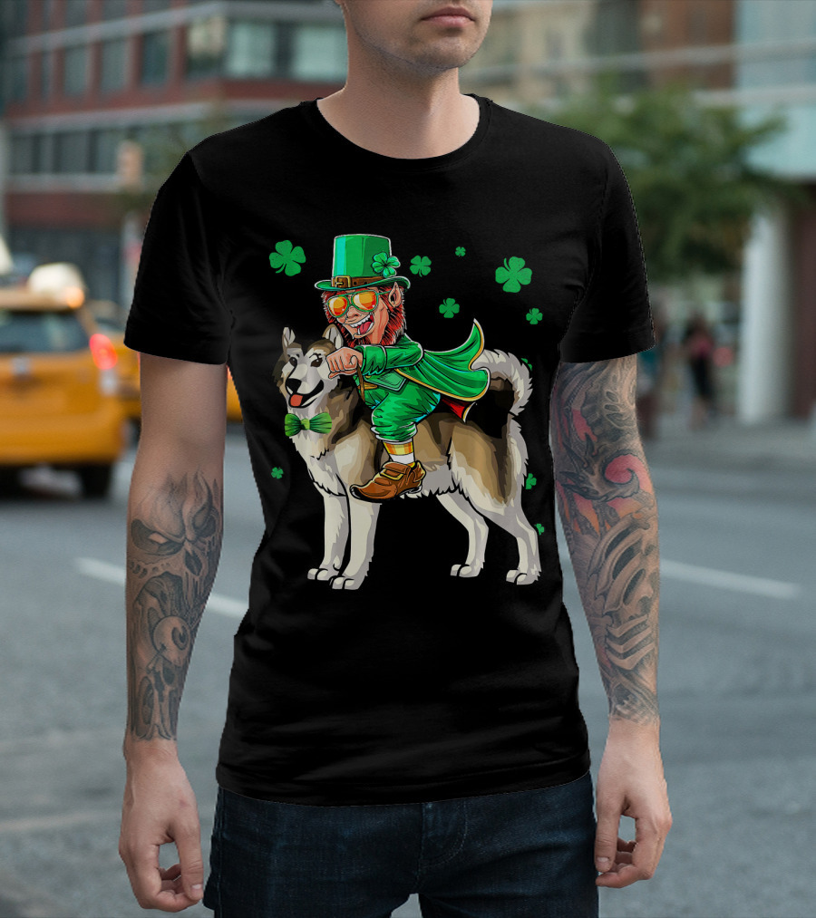Leprechaun Riding Alaskan Malamute With Shamrocks T-Shirt