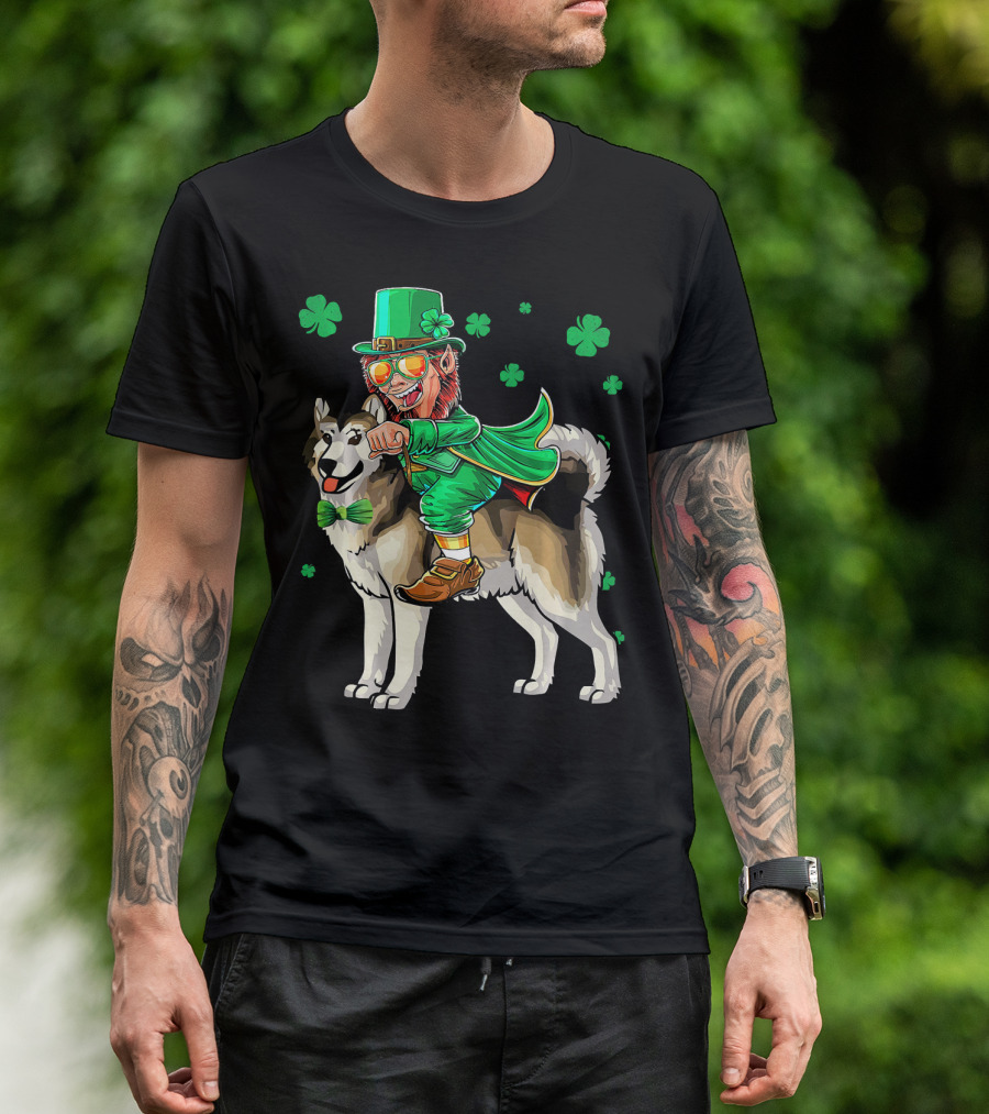 Leprechaun Riding Alaskan Malamute With Shamrocks T-Shirt