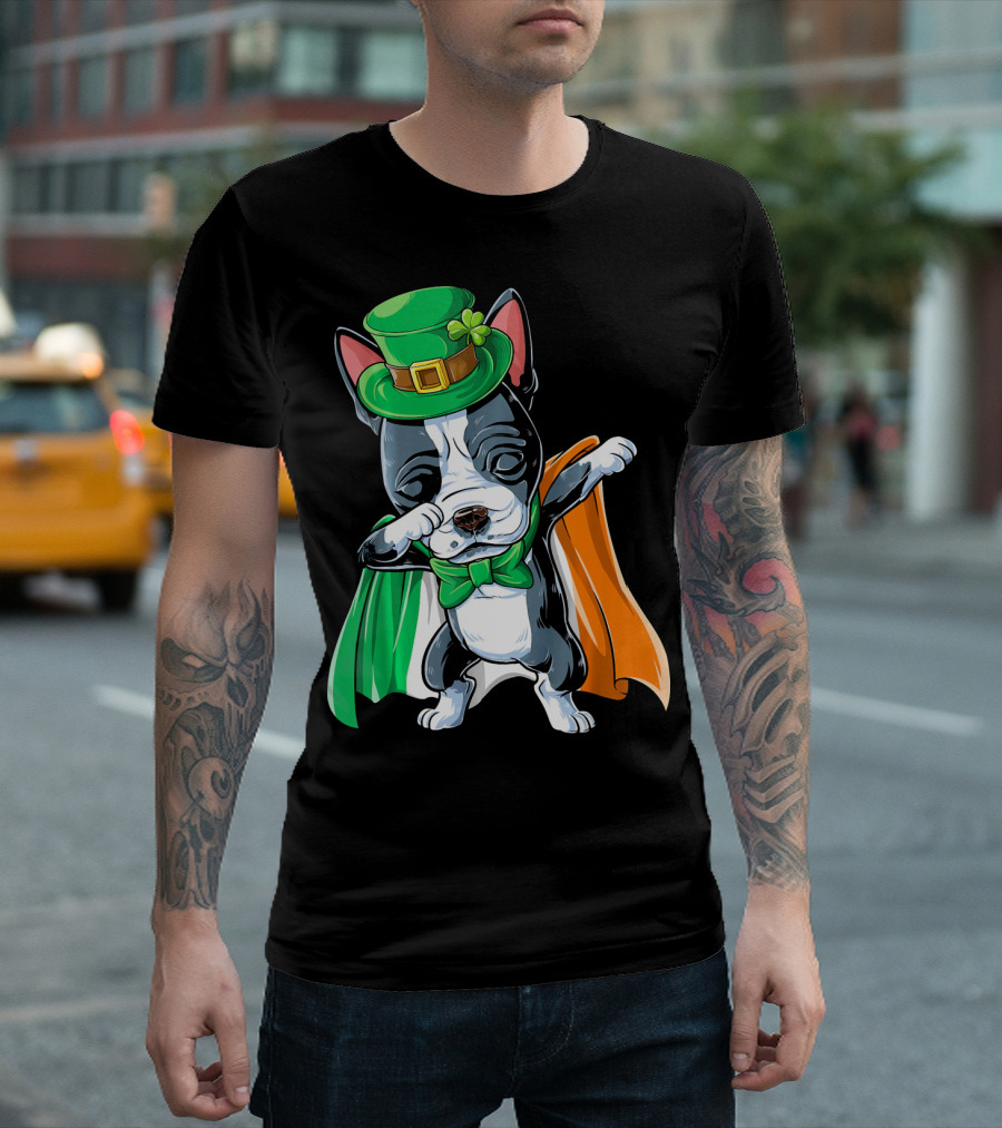 Dabbing Boston Terrier St. Patrick's Day Irish Flag Cape T-Shirt
