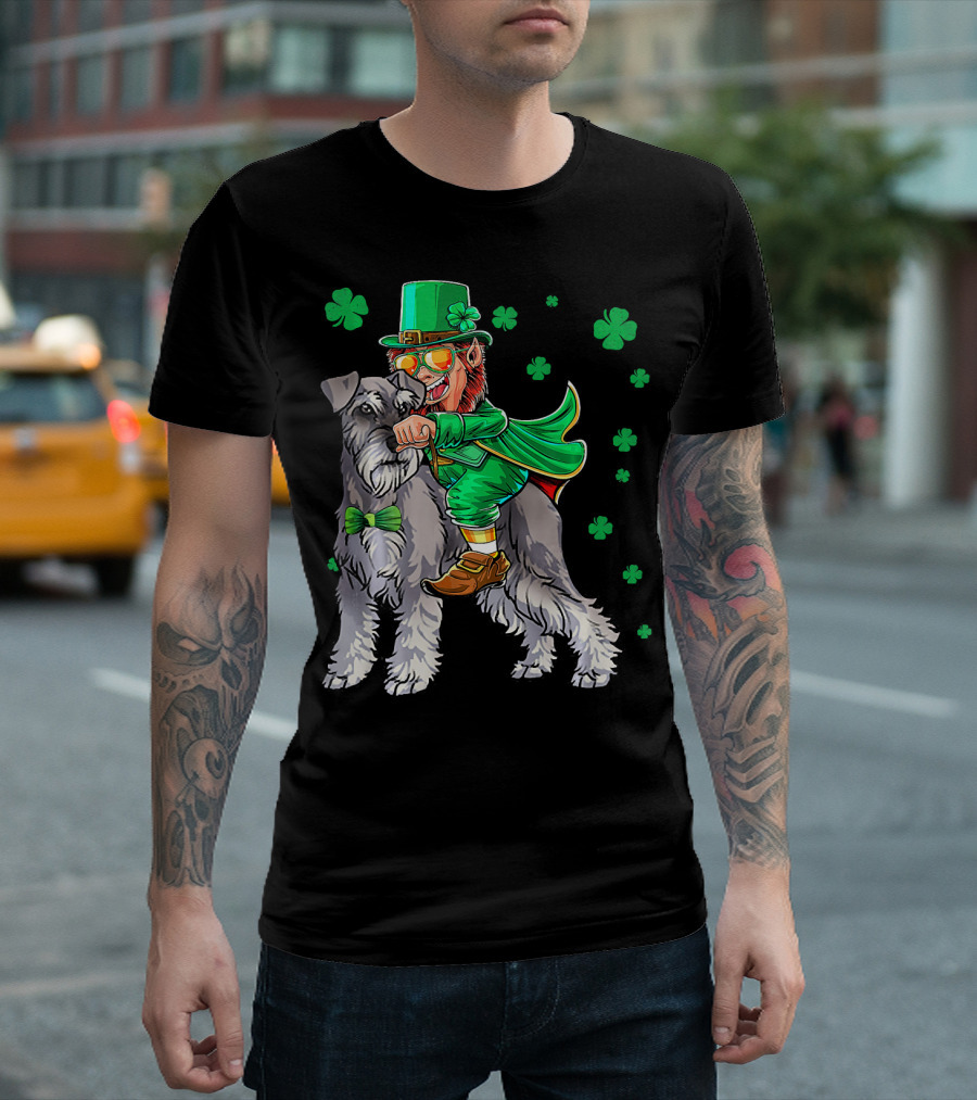 Leprechaun Riding Miniature Schnauzer With Green Shamrocks T-Shirt
