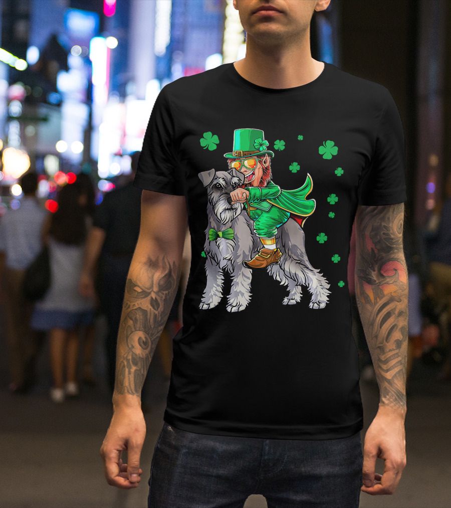 Leprechaun Riding Miniature Schnauzer With Green Shamrocks T-Shirt